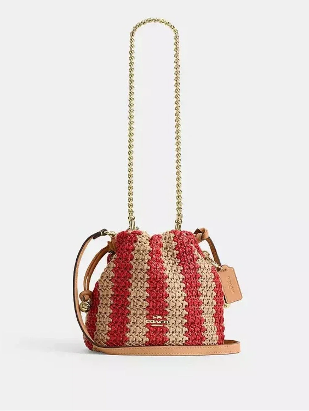 COACH Red & Cream Striped Crochet Drawstring Bucket Bag
